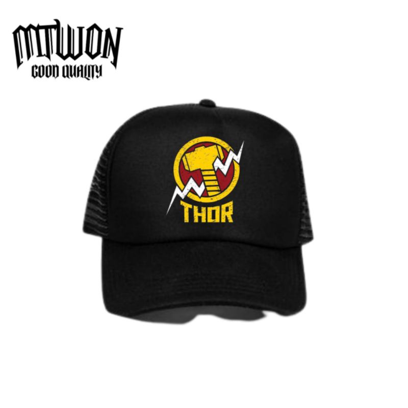 Snapback Topi THOR MARVEL SUPERHERO HAMMER PALU logo / Trucker jaring hitam baseball caps pria wanit