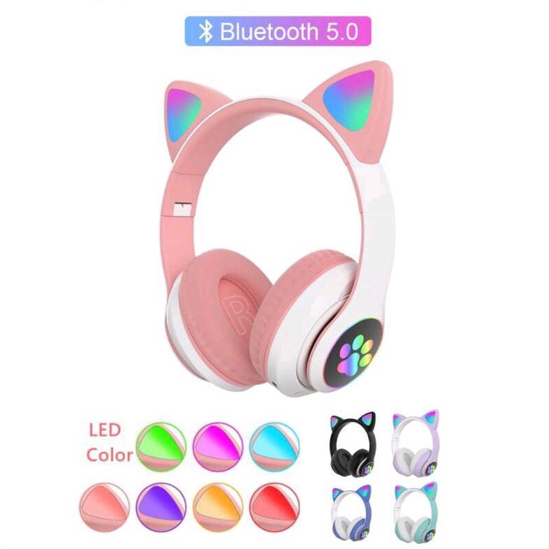 Cat EAR Headset EarPhone Bluetooth STN28 Wireless Lampu Led RGB Bando