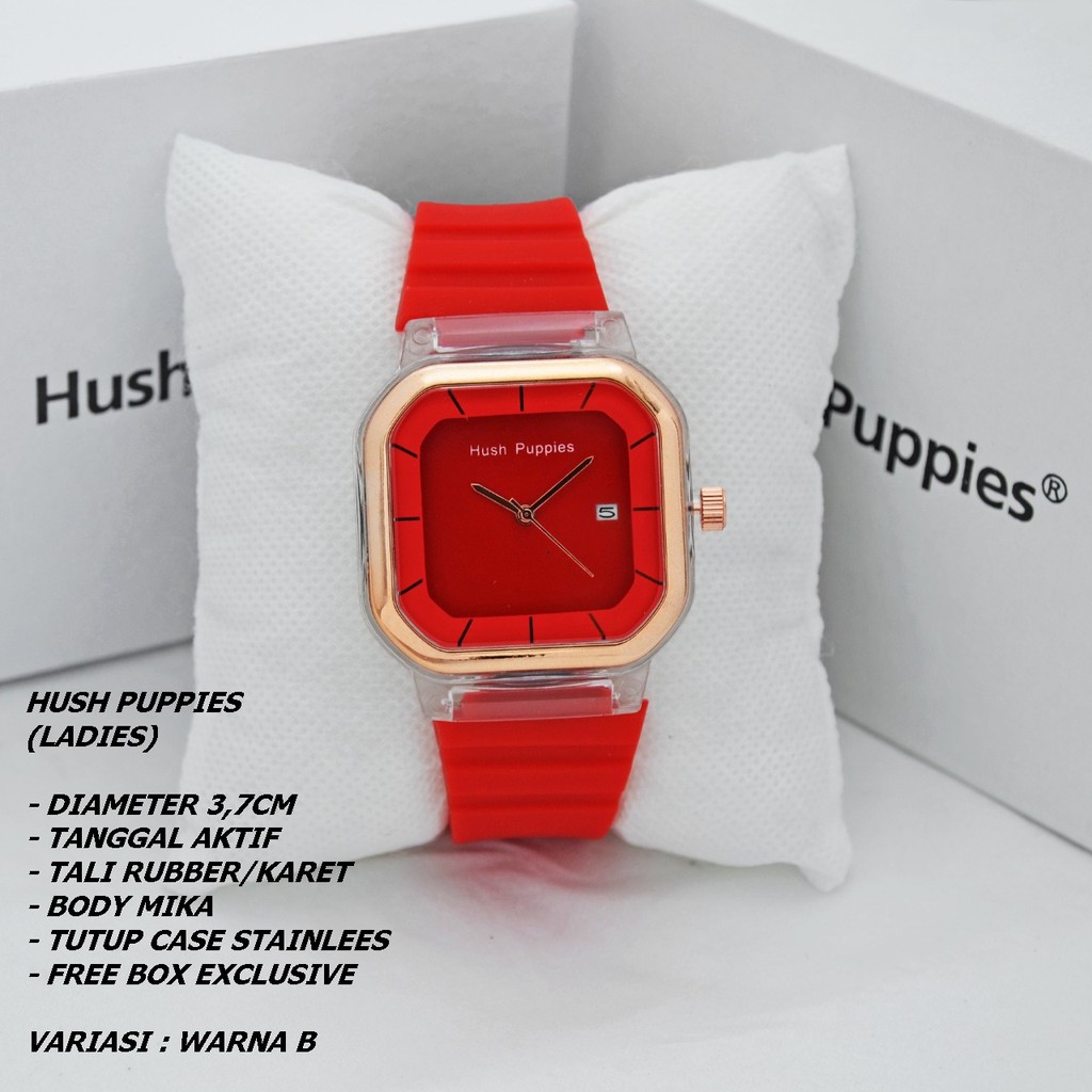 JAM TANGAN WANITA HUSH PUPPIES TALI RUBBER BODY SEGI TANGGAL AKTIF