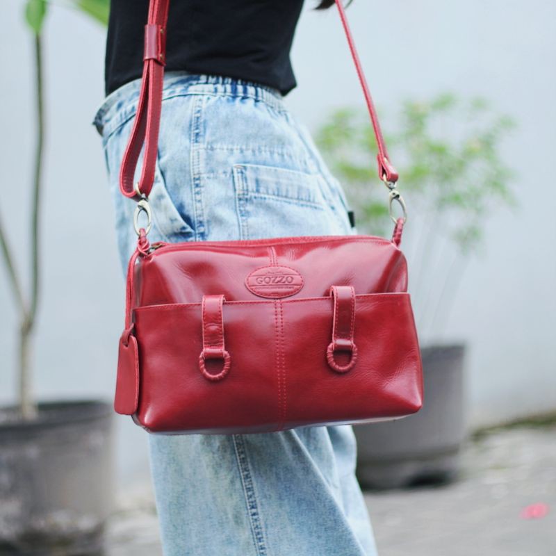 TAS KULIT WANITA SLEMPANG MOEL CITY SLING BAG MAROON / FREE GRAVIR NAMA DI GANTUNGAN TAS