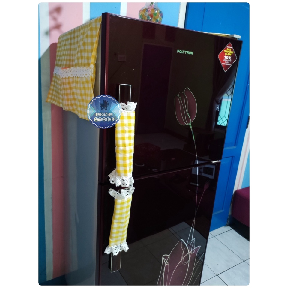 Paket Hemat TAPLAK KULKAS dan SARUNG PEGANGAN PINTU KULKAS Estetik Motif Kotak-kotak Gingham Ala Korea Bahan Katun