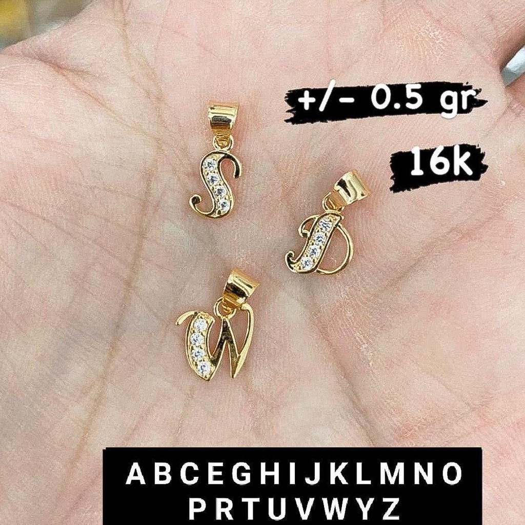 Ready semua huruf. Liontin huruf anak dan dewasa emas asli kadar 700 70 16k alphabet alfabet abjad mainan kalung permata ringan setengah 1 satu gram gr g kapital A pendant gold rosegold whitegold