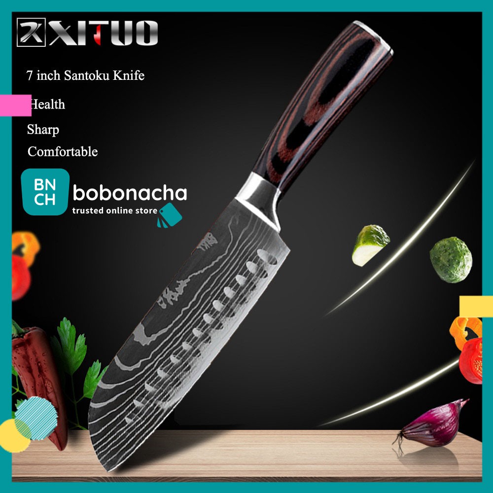 XITUO Pisau Dapur Chef Damascus Pattern - 7 Inch Santoku Knife - Silver