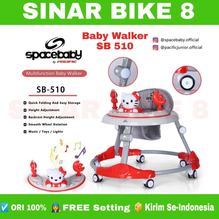 Alat Bantu Berjalan Bayi Baby Walker SPACEBABY SB 510 Edisi Hello Kitty Musik Lampu Mainan Bayi