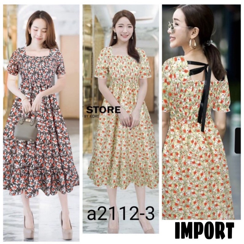GDG Pakaian Dress Smoke Kerut Dada Wanita Katun Import Korea Motif Bunga Fashion Perempuan GA2112-3