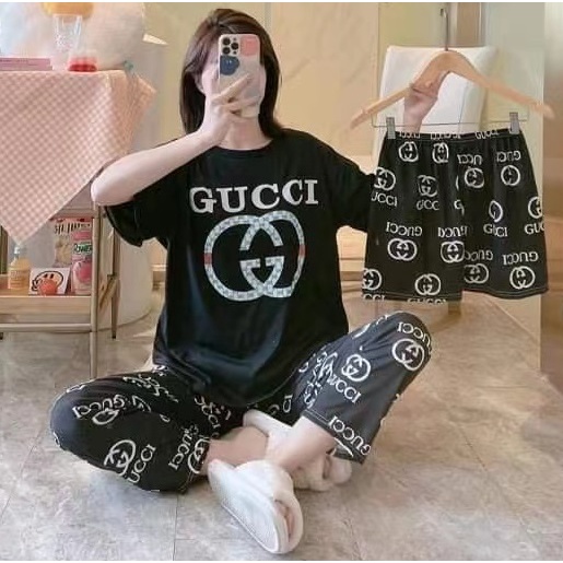 AJW Shop Piyama 3in1 | Piyama Import Dewasa | Setelan Wanita Kekinian | Baju Tidur Wanita Dewasa-G Black