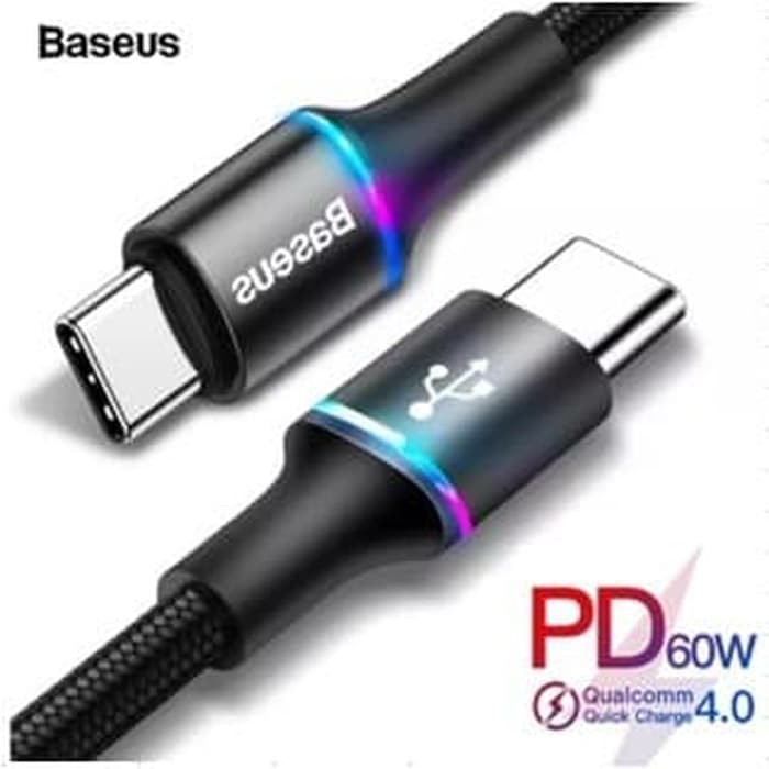 BASEUS LED USB Type C to type C Nylon Data Cable 60 WATT PD QC 4.0 50Cm 1M 2M