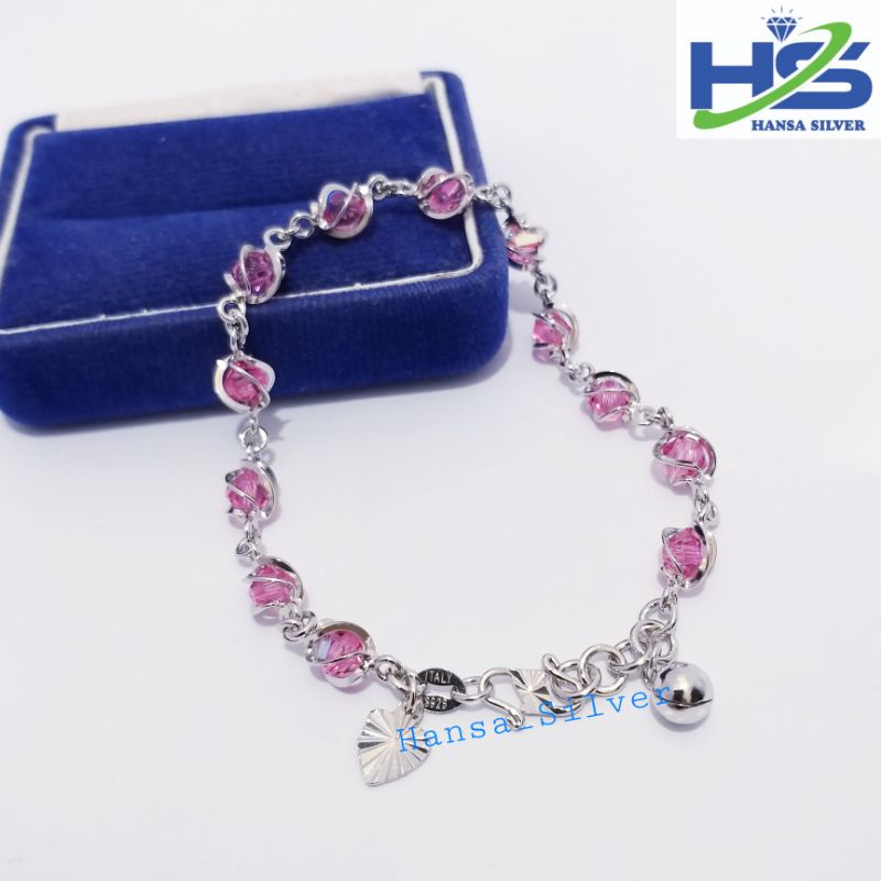 Gelang Perak Asli Silver 925 Lapis Emas Putih Model Batu Kristal Pink - Perhiasan Perak Wanita