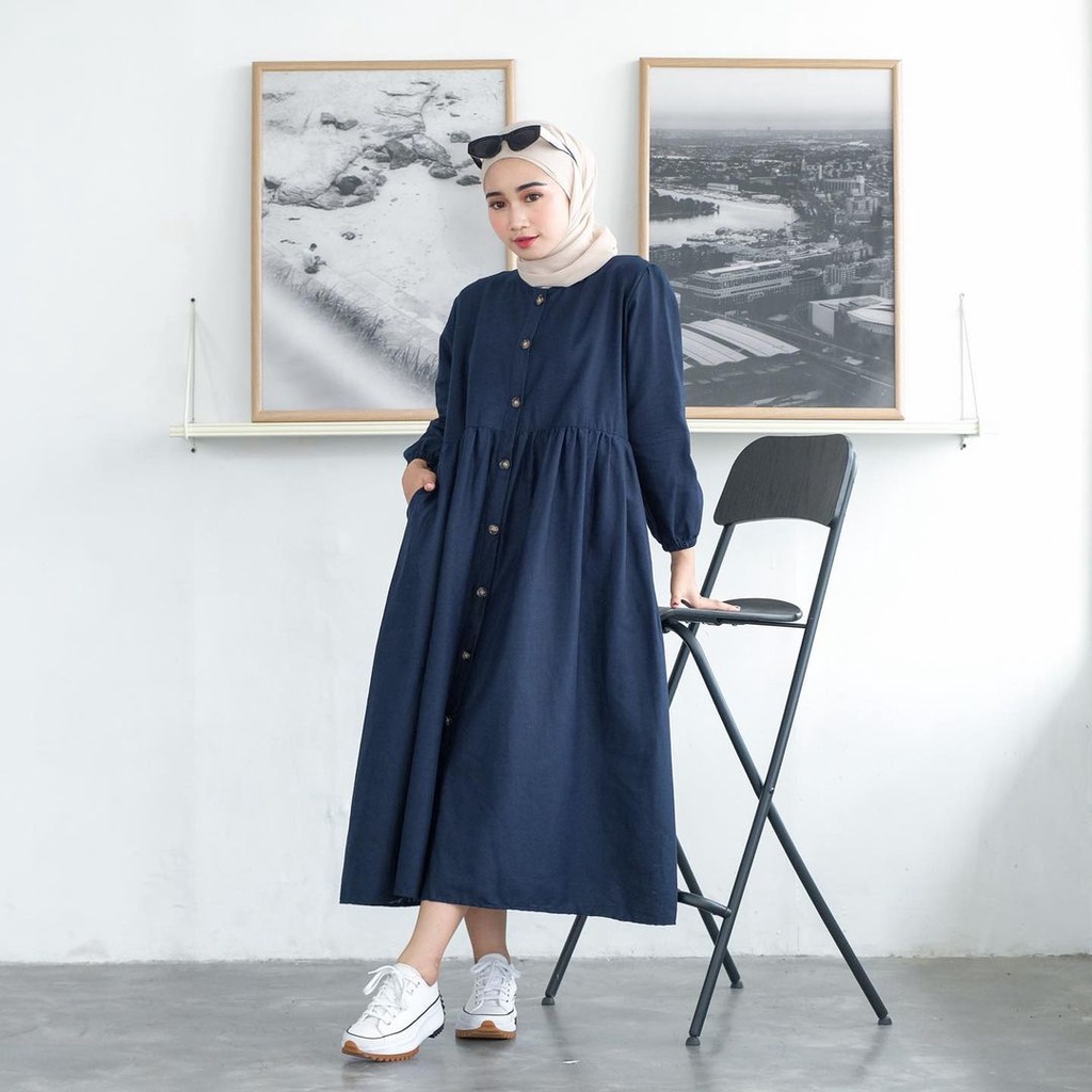 Meca Midi Dress Bahan Katun Linen Rami / Outfit Muslim Wanita / Long Tunik Wanita Terbaru / Gamis Po