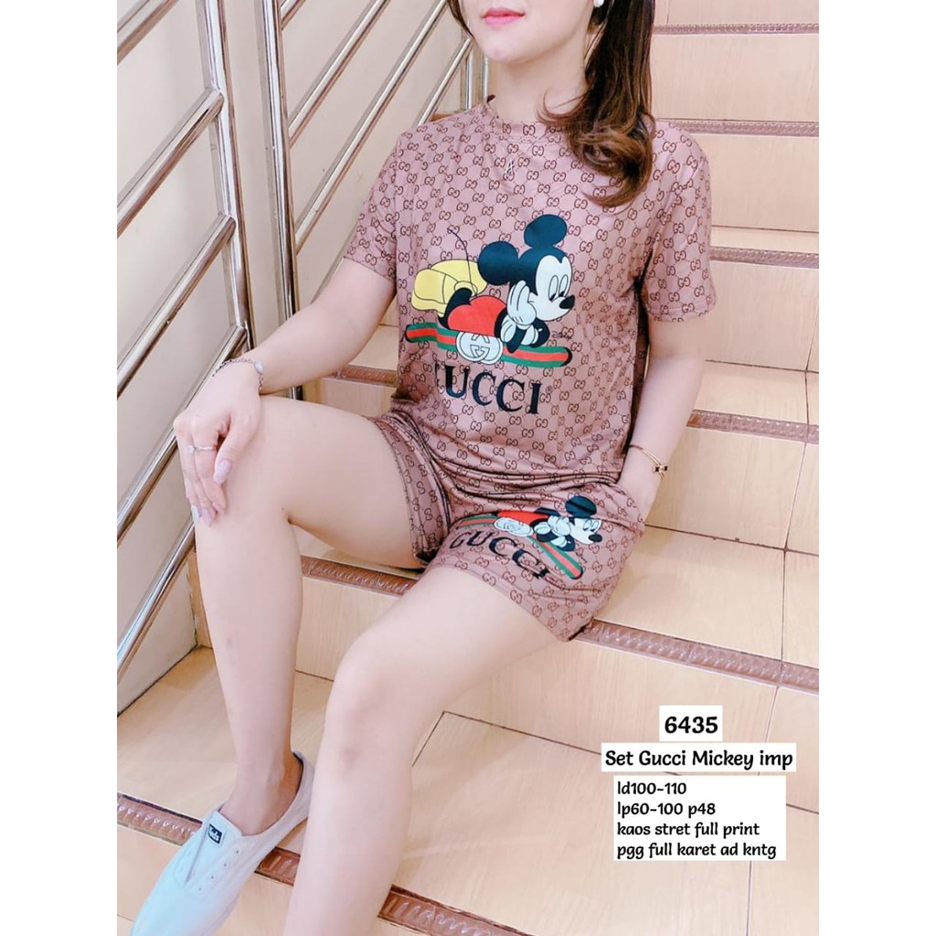 SETELAN KAOS IMPORT BAJU ATASAN MICKEY GUCCI+CELANA PENDEK FULL PRINT SETELAN WANITA MURAH 6435