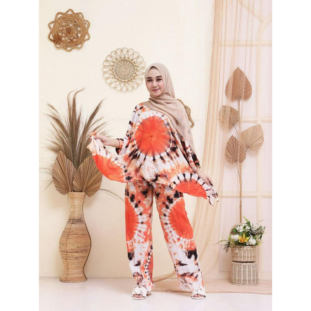 ONE SET BATWING SHIBORIE 2 in 1 (BLOUSE + CELANA ) / SETELAN RAYON WANITA KEKINIAN