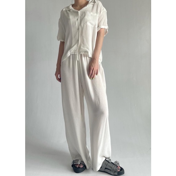 Claire Homewear Set | Rayon Crinkle Comfy Set-White