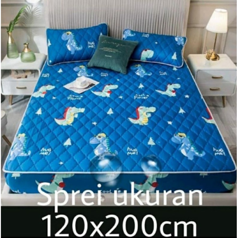Sprei Sultan Waterproof anti ompol anti tahan air size 160×200 120×200 Seprei Adem full Karet-Waterproof-Dino biru
