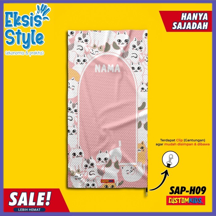✔ COD ✔ SAP-H09 Sajadah Anak Custom Nama | Kartun Kucing Lucu + Tas Sajadah - Eksis Style