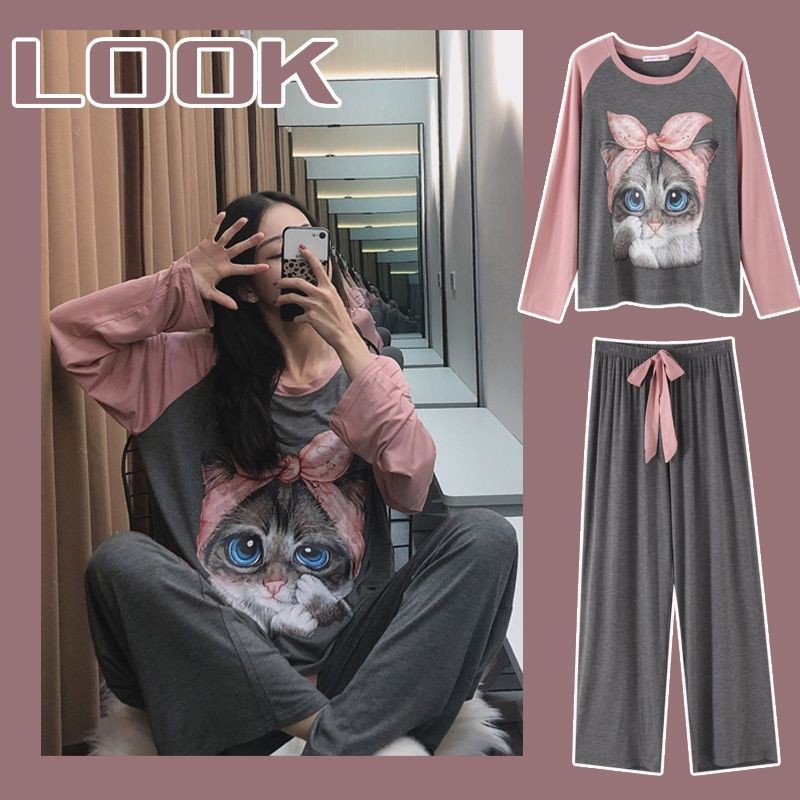 Piyama Cewek Sablon Cat Ribbon Baju Tidur Wanita Premium Import Lengan Panjang