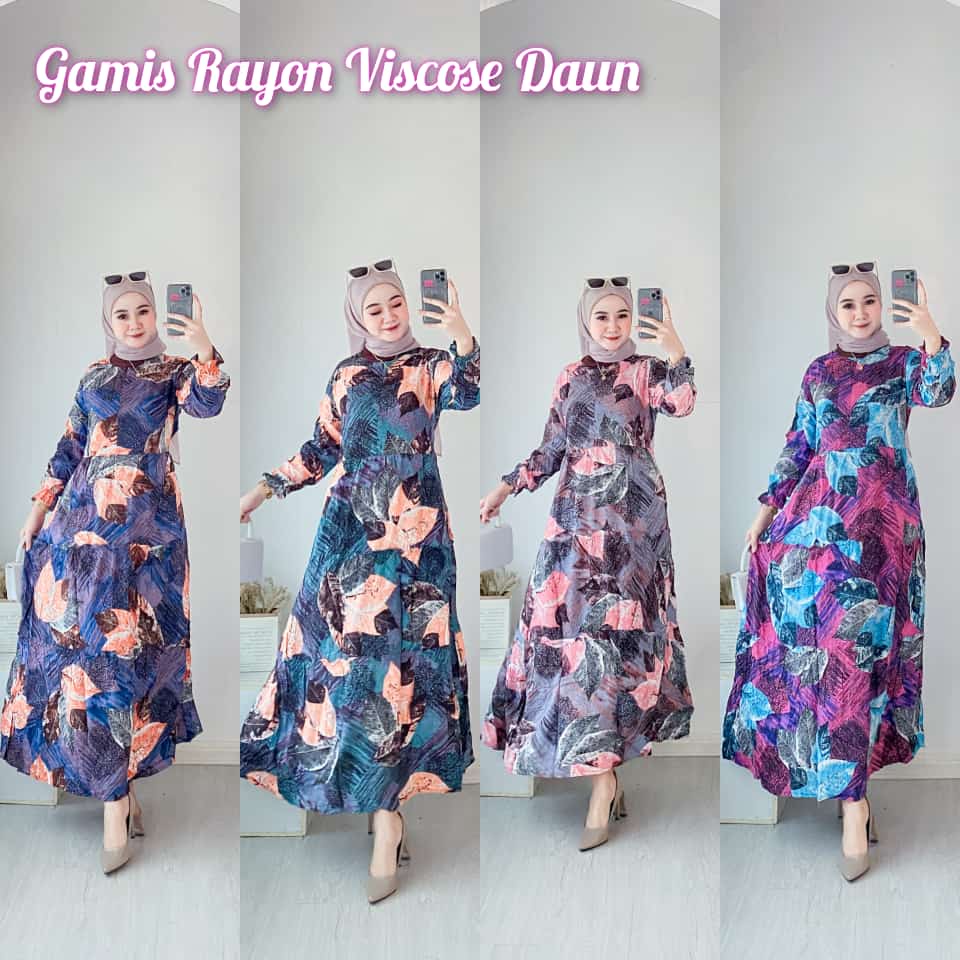 Gamis Rayon Viscose Motif Daun Bahan Adem Dingin / Coza Batik