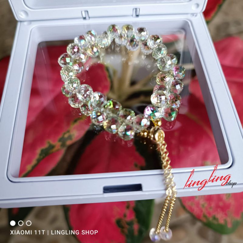 Gelang kristal serut,gelang kristal serut korea,gelang kristal tali elastis free BOX-Hijaumd Serut