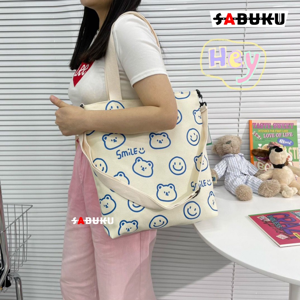 Tas Selempang Fashion Wanita Korea Totebag SMILE Bahan Kanvas Resleting Motif Carakter Korea Style Multifungsi -253