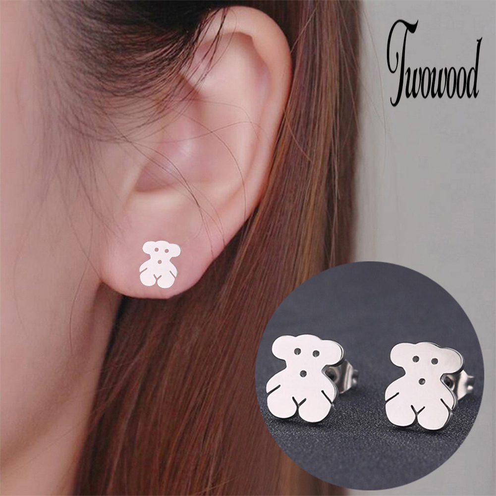 Anting Stud Bentuk Kartun Beruang Bahan Stainless Steel Untuk Wanita