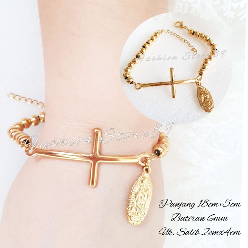 Gelang Rosario Bunda Maria dan Santo Benediktus kombinasi Salib Rantai Butir 6mm gold titanium antikarat fashion rohani pria wanita