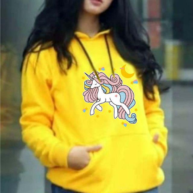 Terbaru!!! Sweater hoodie wanita unicorn/BAHAN babyterry ukuran all size-Kuning