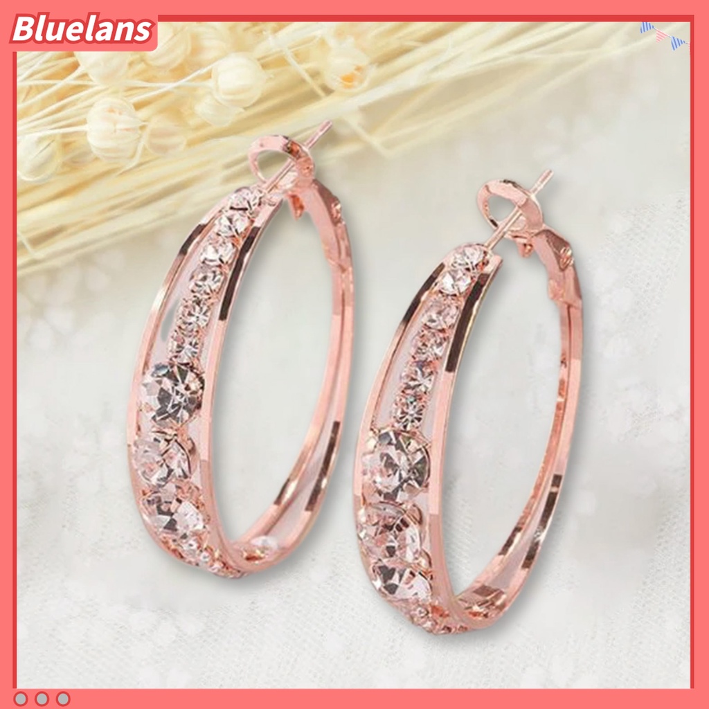 1 Pasang Anting Hoop Berlian Imitasi Bentuk Lingkaran Warna Rose Gold Untuk Wanita