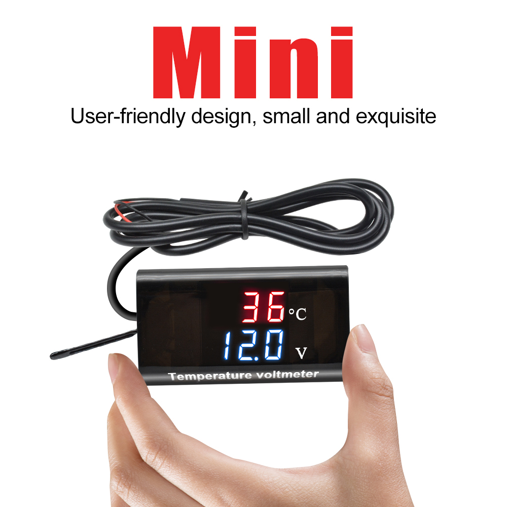 Panel Meter Temperatur Voltmeter Digital Dc 12v Dual Display 0.28 Inch Anti Air Warna Biru/Merah Untuk Mobil/Motor