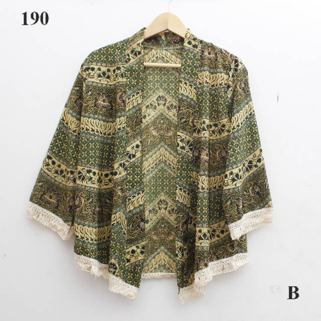 Cardigan outer kimono batik motif bunga kecil rumbai sisir cream