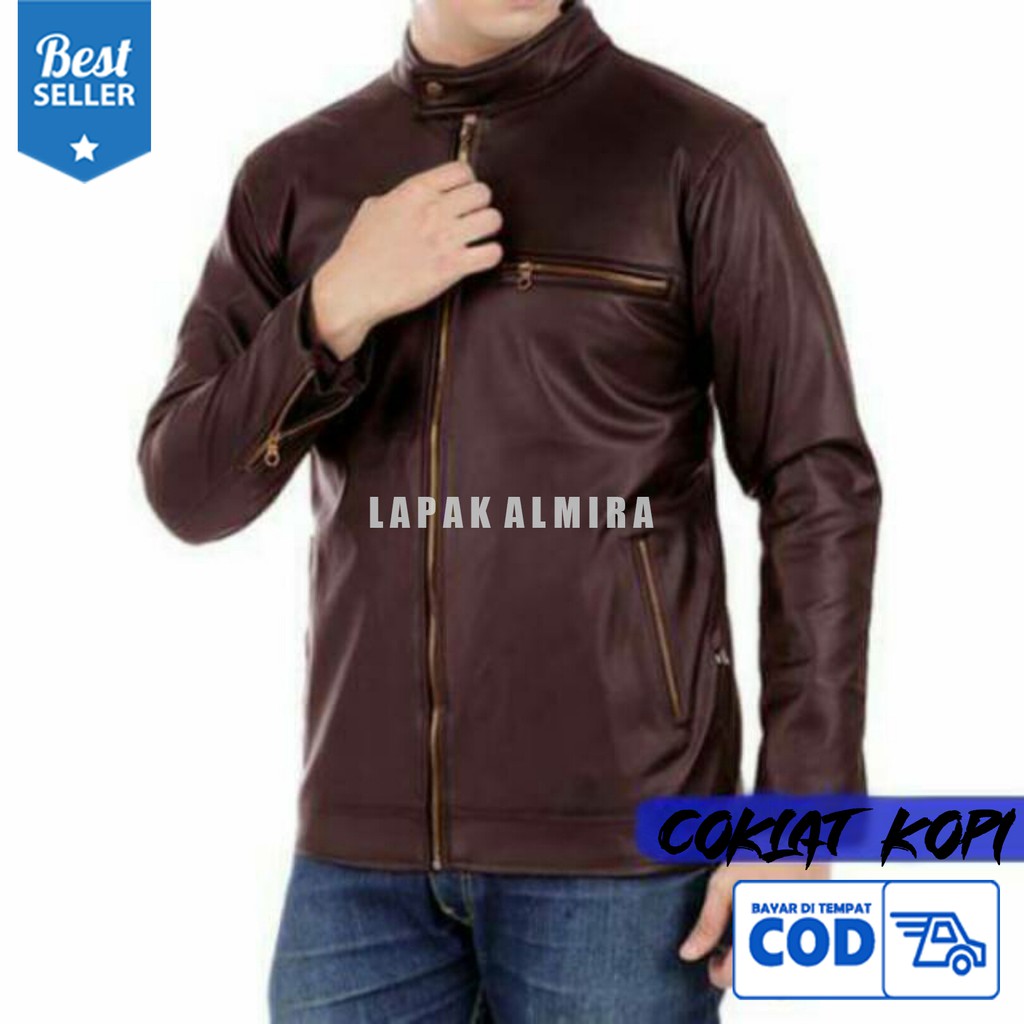 JAKET SEMI KULIT SINTETIS POLOS CASUAL PRIA DARK BROWN COKLAT KOPI