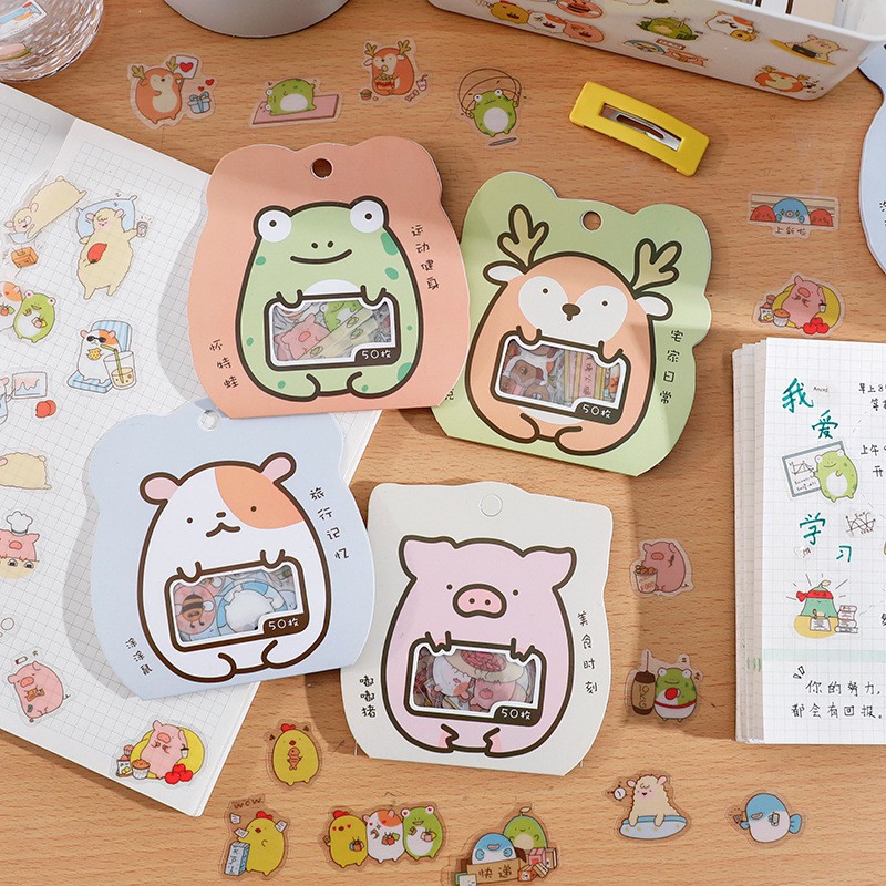 

50pcs Stiker Waterproof Bening PVC Kartun Hewan Lucu Dekorasi Diary Scrapbook DIY
