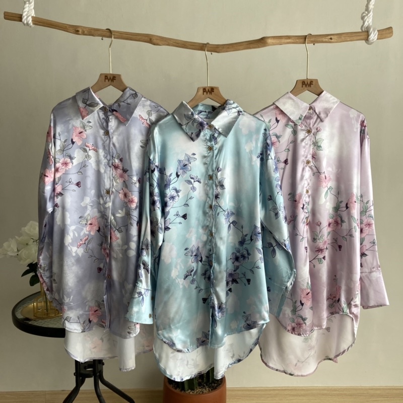 Gista Flower Blouse / Baju Atasan Kemeja Bunga Satin Wanita Import