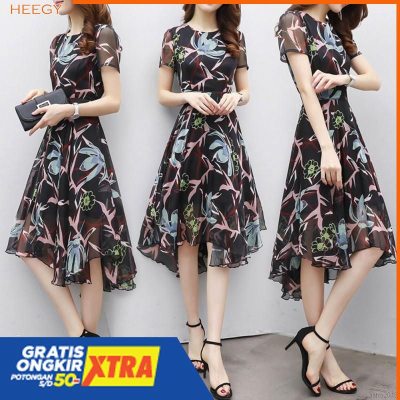 Dress Casual Sifon Slim Elegan Motif Bunga Musim Panas Gaya Wanita Korea
