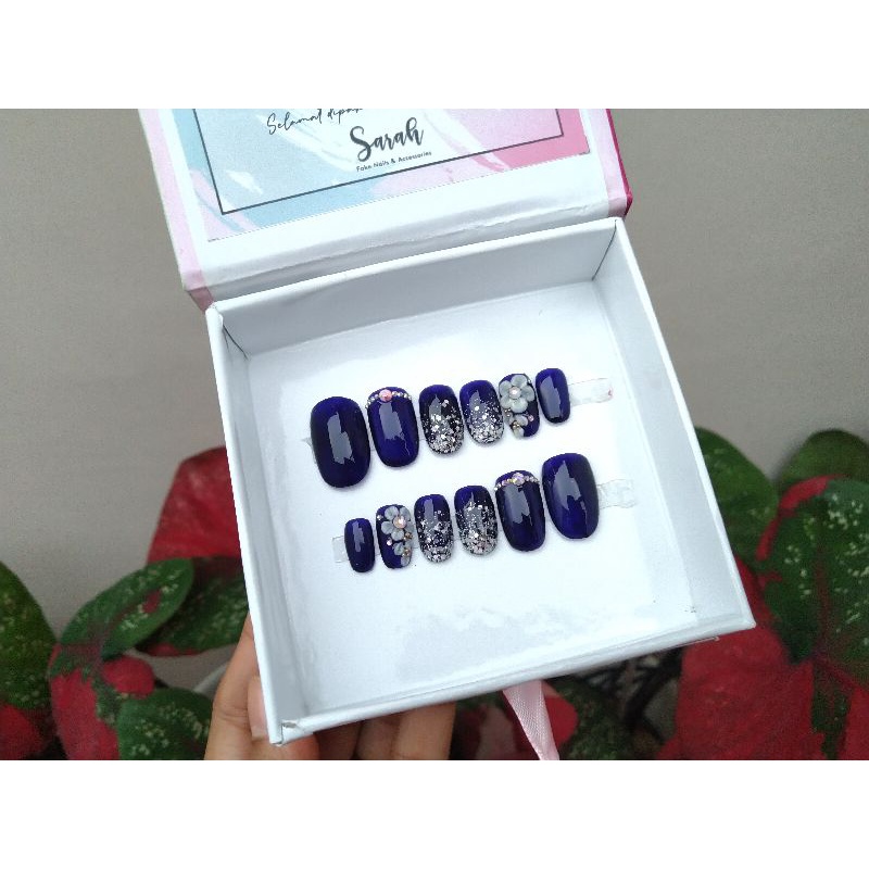 KUKU PALSU WEDDING, KUKU PALSU LAMARAN, KUKU PALSU 3D, KUKU PALSU PREMIUM, FAKE NAIL, NAIL ART, Press On Nails Navy