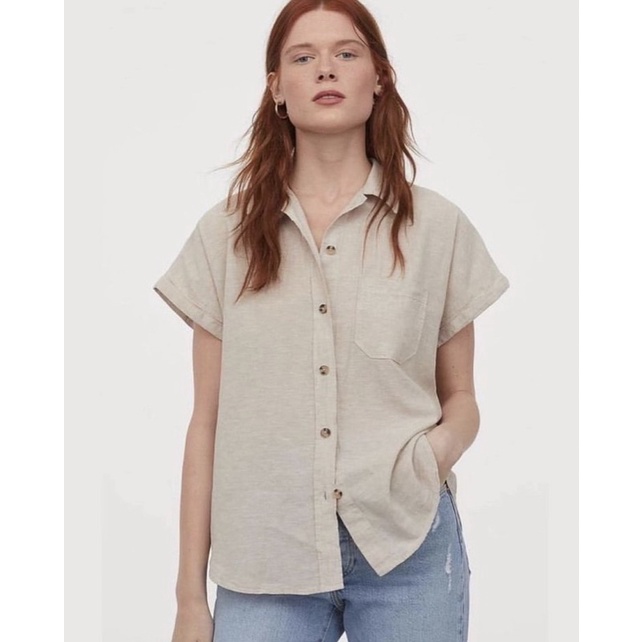 HnM Short Sleeve Open Collar Linen Blend Shirt Original