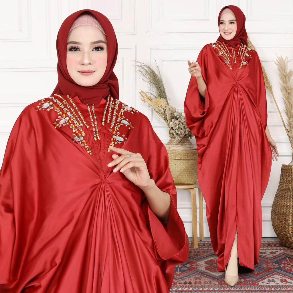 HOPYLOVY Kaftan Wanita Kombinasi Permata Mewah Halimah / Baju Lebaran 2021 Kekinian