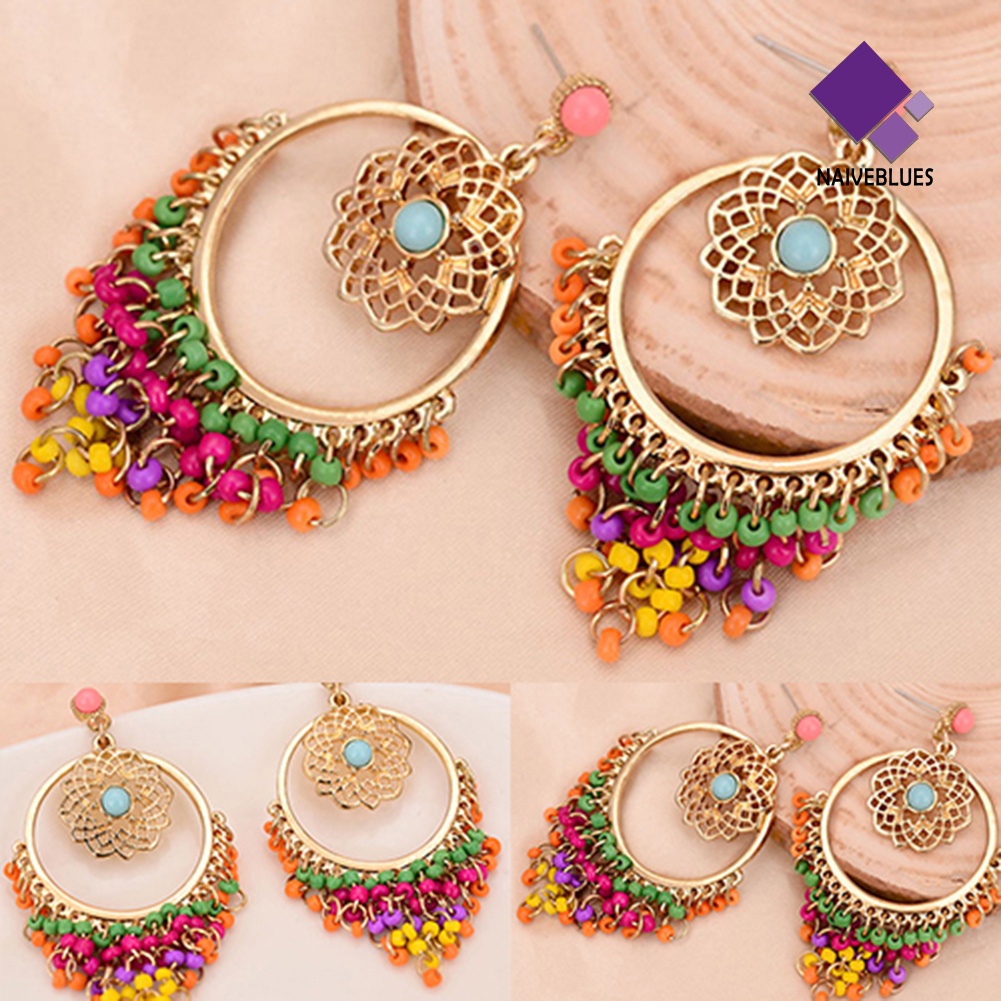 Naiveblue &gt; Anting Gantung Panjang Tusuk Gaya Boho Motif Ukiran Aksen Manik-Manik Untuk Perhiasan Wanita