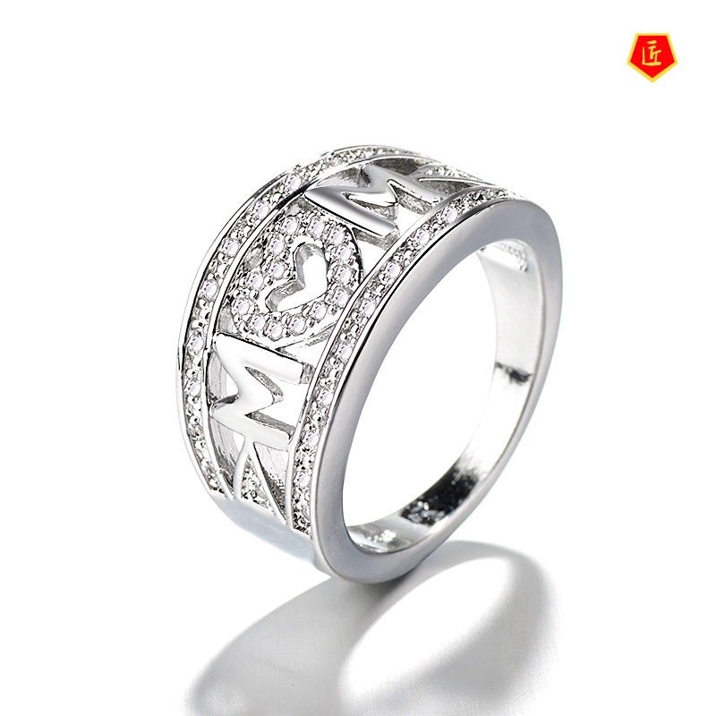[Ready Stock]Platinum Diamond-Embedded MOM Heart-Shaped Ring Female
