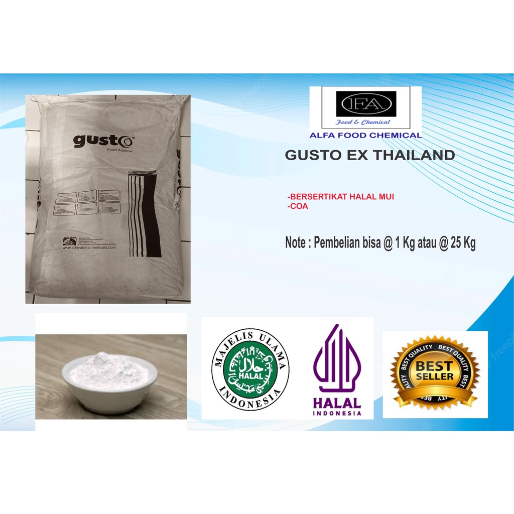 

GUSTO EX ADITYA BIRLA THAILAND ( TEPUNG PHOSMIX)/ TEPUNG BASO KRES/PERENYAH BASO SUPER PACKINGAN 1 KG DAN 25 KG BERSERTIFIKAT HALAL