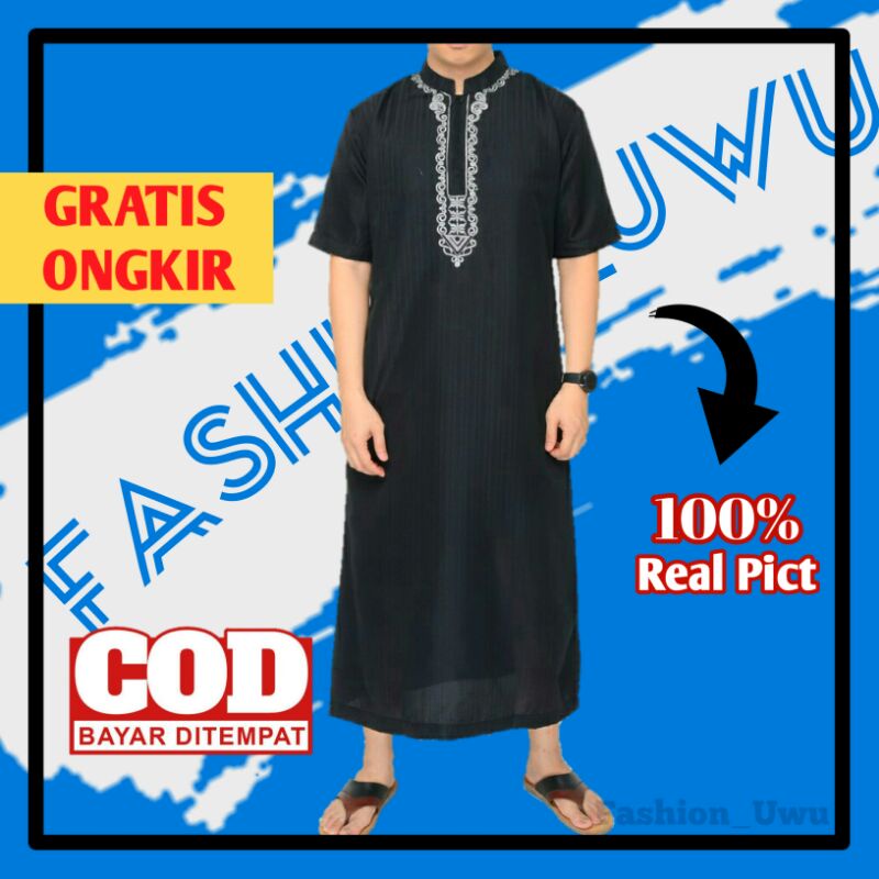 Gamis Jubah Dewasa Pria Lengan Pendek Hitam Bordir