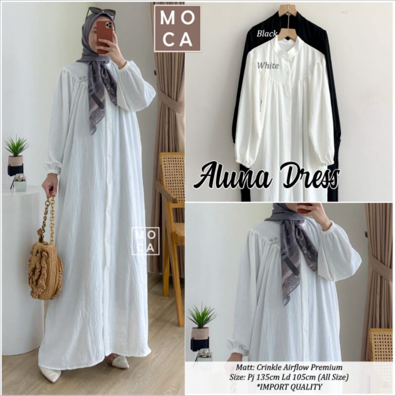 100% ORI - Aluna Dress by Mocca Bahan Crinckle Airflow - Gamis Putih Lebaran