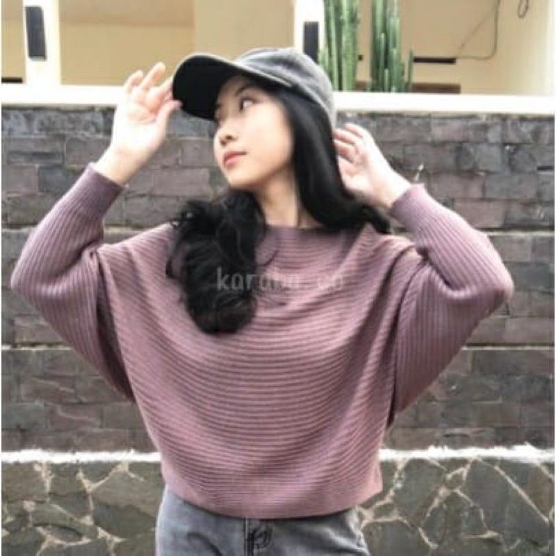 BLOUSE BATWING BAJU RAJUT | SWEATER RAJUT MODEL KELELAWAR | OUTER RAJUT Pakaian Wanita Atasan Wanita Fashion Muslimah-1