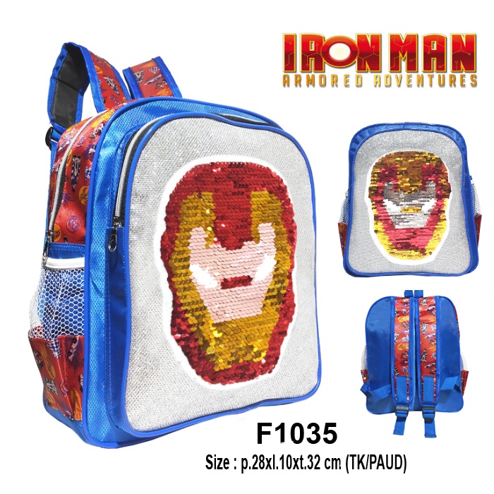 Tas Ransel Sekolah Anak Laki Laki Sequin karakter IRON-MAN Usap Paud / Tk