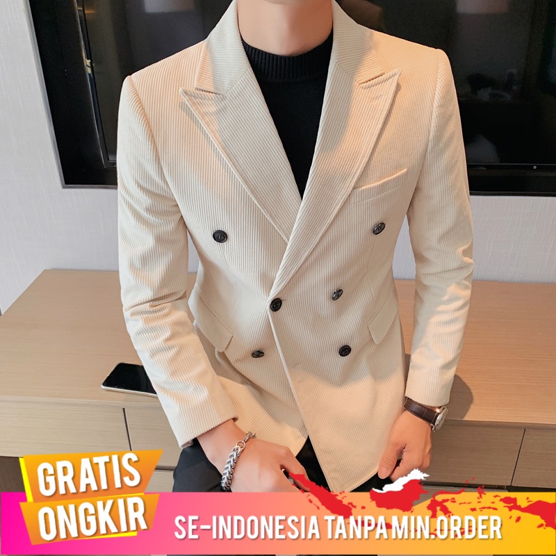 Jas Pria New Pria Perapi Warna Solid Slim Double-Breasted Pria Perapi Jaket  Korea Ringan Dewasa  Su