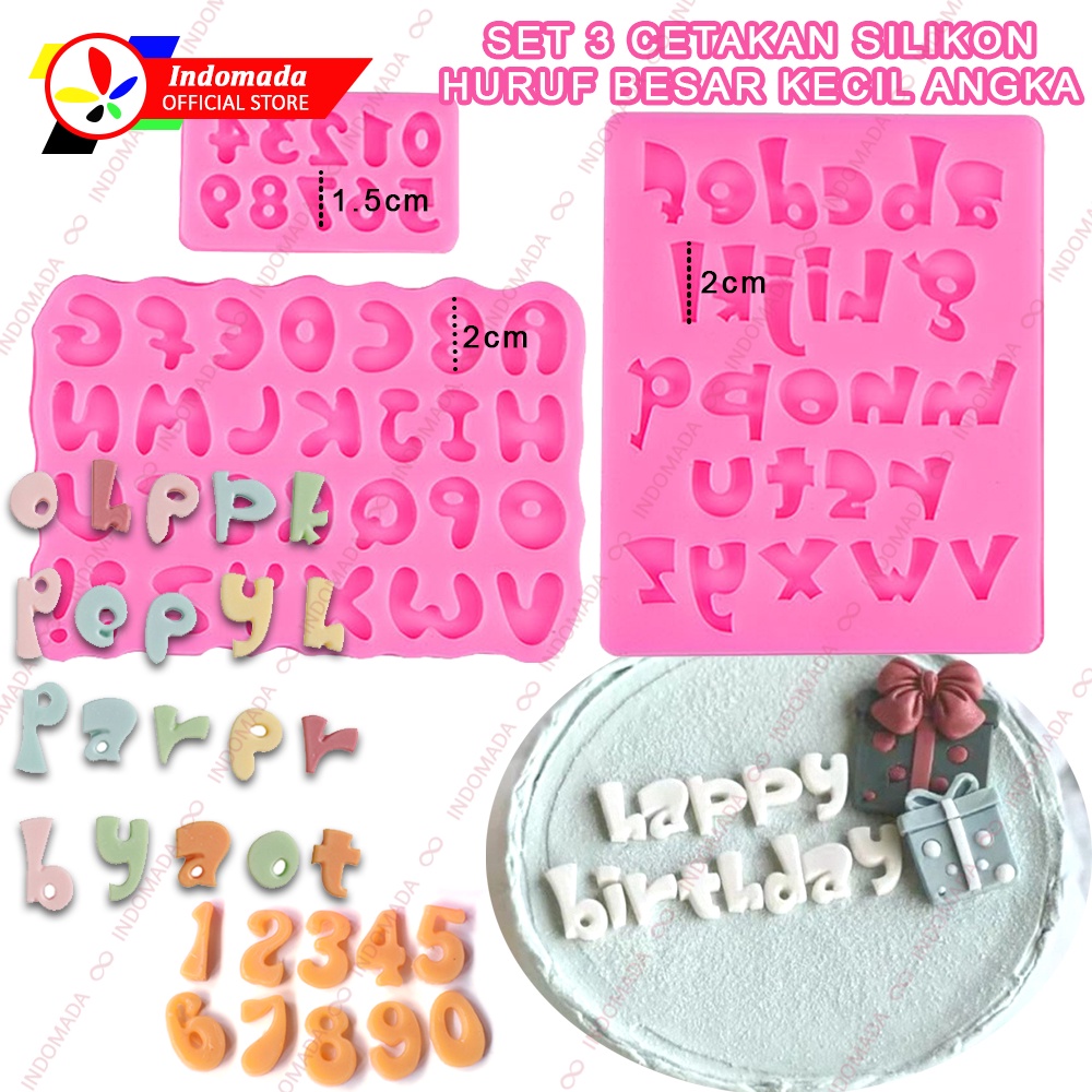 Indomada Cetakan Silikon Fondan Huruf Besar Kecil Angka Tinggi 2 cm 1 Set 3 pcs Fondant Alphabet Upp