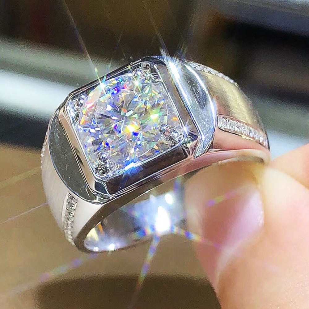 Cincin Pernikahan Platinum Berlian Kristal Mewah Titanium Perak Pria Wanita Fashion Perhiasan Rings