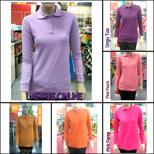 JUAL KAOS POLO SHIRT WANITA LENGAN PANJANG POLOS KERAH WARNA UNGU PINK BIRU MAROON MERAH BAGUS