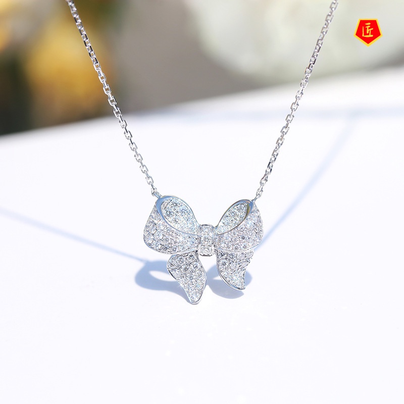 [Ready Stock]INS Style Bow Necklace Full Diamond Pendant Simple and Elegant