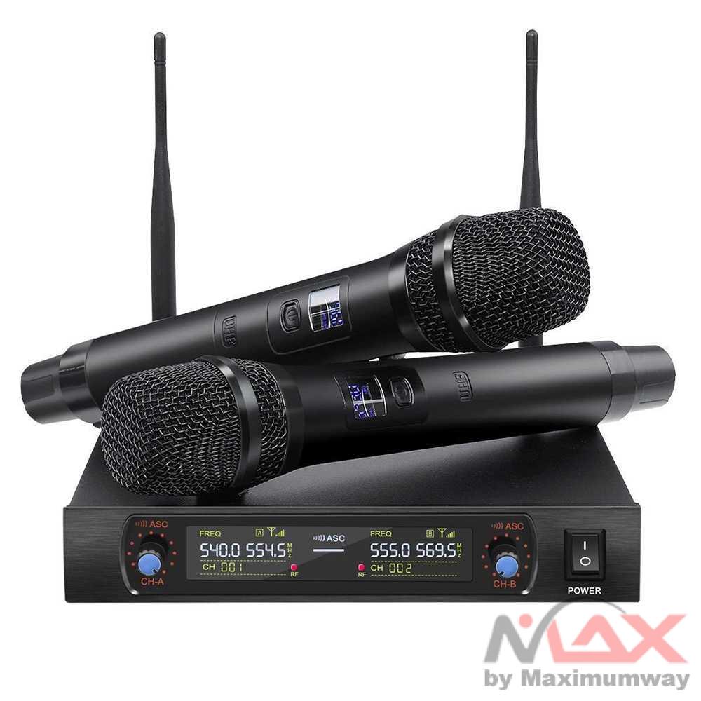 Mic Wireless Profesional UHF Fixed Frequency 2 Channels Wireless Microphone Professional System Dual Handheld Mic Long Range for Karaoke Stage Celebration Party KTV Karaoke Family Party Dual Professional VHF Wireless Micropon wireles Cordless Handheld