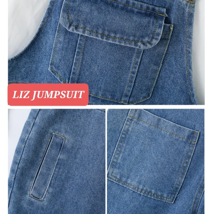 LIZ JUMPSUIT SET SETELAN OVERALL KEMEJA ANAK REWAJA CEWEK KOREA IMPORT JEANS DENIM