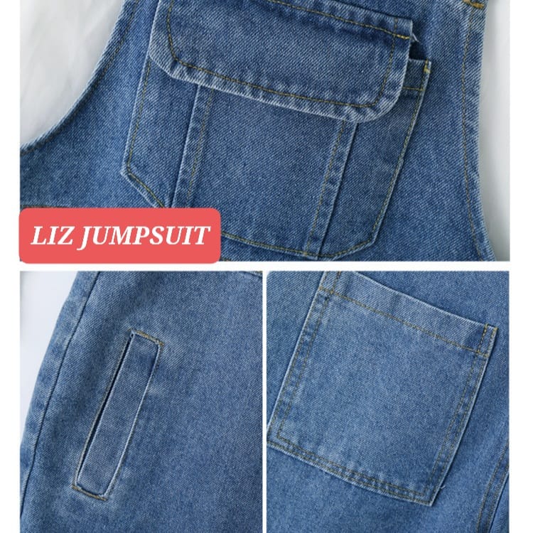 LIZ JUMPSUIT SET SETELAN OVERALL KEMEJA ANAK REWAJA CEWEK KOREA IMPORT JEANS DENIM